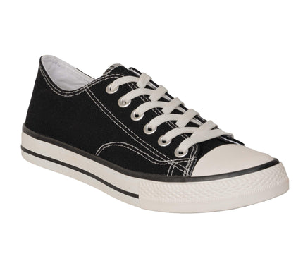 Black canvas low top sneaker with white laces and rubber sole on white background