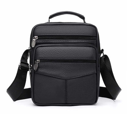 Black leather crossbody shoulder bag with multiple zipper pockets and adjustable strap
