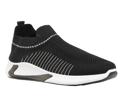 Black slip-on sneaker with white sole and knit mesh upper, casual lightweight shoe