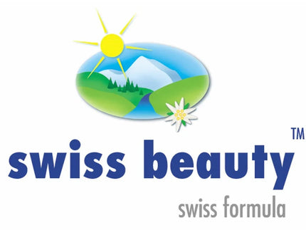 Swiss Beauty logo with sun, mountains, river, flower, and text 'swiss formula'