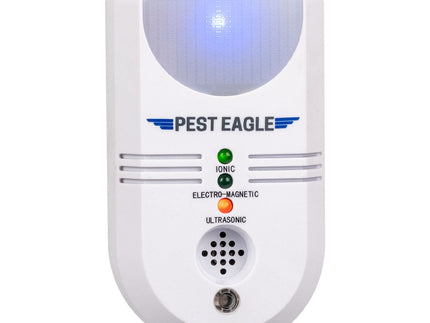 White electronic pest repeller device with indicator lights and Pest Eagle label.