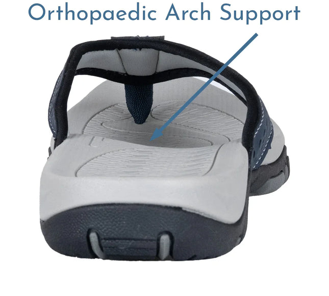 Orthopaedic arch support sandal with contoured footbed and cushioned sole