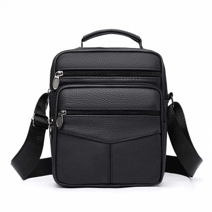 Black leather crossbody shoulder bag with multiple zipper pockets and adjustable strap