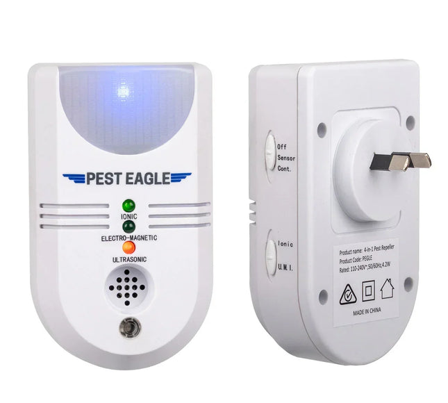 Dual view of electronic pest repeller plug-in device with LED indicators and Australian plug