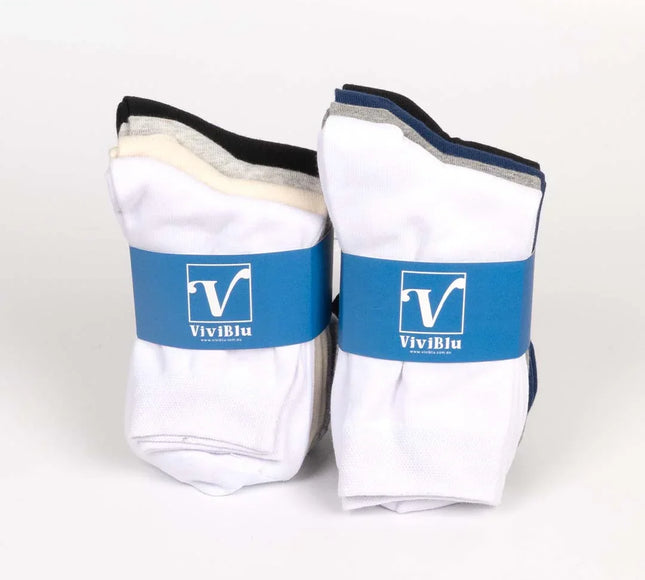 Multipack of white crew socks with colored accents and blue branded labels on a white background
