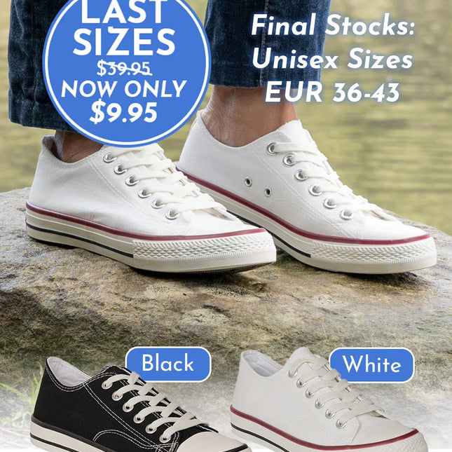 Unisex canvas sneakers in black and white, low-top style, final sizes EUR 36-43, sale offer.