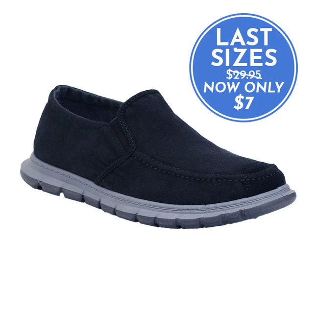 Casual black slip-on shoe with grey sole, last sizes sale for $7, white background