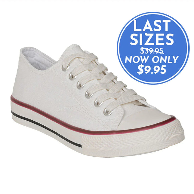 White canvas sneaker with red stripe, last sizes, discounted to $9.95, isolated on white